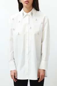 TRENDYOLMİLLA Ecru Front Stone Detailed Regular Normal Pattern Weaving Shirt - Image 5