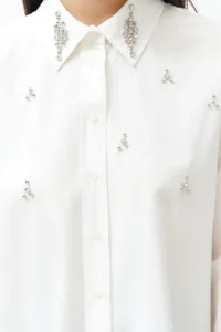 TRENDYOLMİLLA Ecru Front Stone Detailed Regular Normal Pattern Weaving Shirt - Image 6