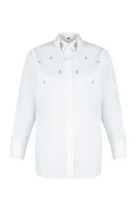 TRENDYOLMİLLA Ecru Front Stone Detailed Regular Normal Pattern Weaving Shirt - Image 9