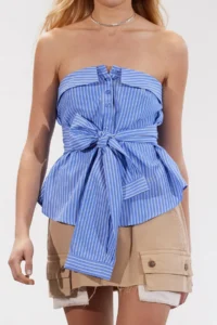 TRENDYOLMİLLA Multicolored tied up Strapless Striped Weaving Shirt - Image 3