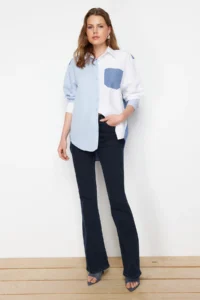 TRENDYOLMİLLA Mavi Color Blocked Oversized Wide Pattern Weaving Shirt - Image 2