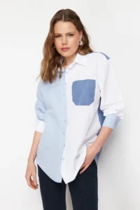 TRENDYOLMİLLA Mavi Color Blocked Oversized Wide Pattern Weaving Shirt - Image 3