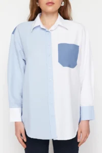 TRENDYOLMİLLA Mavi Color Blocked Oversized Wide Pattern Weaving Shirt - Image 4