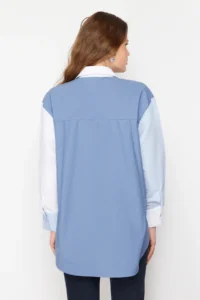 TRENDYOLMİLLA Mavi Color Blocked Oversized Wide Pattern Weaving Shirt - Image 6
