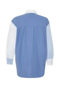 TRENDYOLMİLLA Mavi Color Blocked Oversized Wide Pattern Weaving Shirt - Image 8