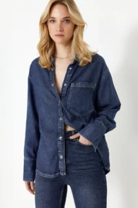 TRENDYOLMİLLA Dark Blue More Sustainable 100% Tencel™ Oversized denim Shirt - Image 3
