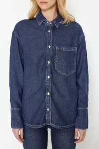 TRENDYOLMİLLA Dark Blue More Sustainable 100% Tencel™ Oversized denim Shirt - Image 5