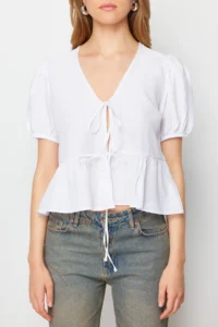 TRENDYOLMİLLA Ecru Front Binding Detailed Oversized Weaving Shirt - Image 4