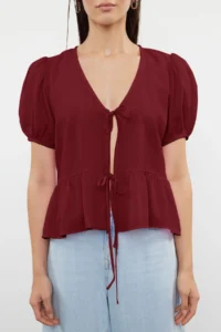 TRENDYOLMİLLA Burgundy tied up Weaving Shirt - Image 2