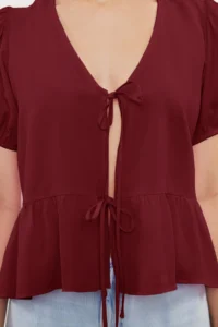 TRENDYOLMİLLA Burgundy tied up Weaving Shirt - Image 3