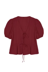 TRENDYOLMİLLA Burgundy tied up Weaving Shirt - Image 5