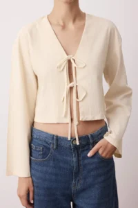 TRENDYOLMİLLA Beige Binding Detailed Striped  Shirt - Image 3