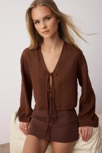 TRENDYOLMİLLA Brown Binding Detailed Striped  Shirt