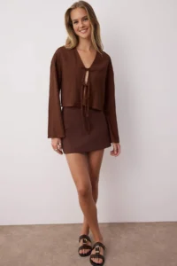 TRENDYOLMİLLA Brown Binding Detailed Striped  Shirt - Image 2