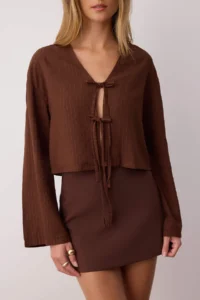 TRENDYOLMİLLA Brown Binding Detailed Striped  Shirt - Image 3