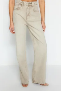 TRENDYOLMİLLA Beige Soluk Efekt Vintage Regular Waist Wide Leg Wide Leg 100% Cotton Non-Stretch jeans