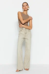 TRENDYOLMİLLA Beige Soluk Efekt Vintage Regular Waist Wide Leg Wide Leg 100% Cotton Non-Stretch jeans - Image 2