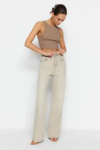 TRENDYOLMİLLA Beige Soluk Efekt Vintage Regular Waist Wide Leg Wide Leg 100% Cotton Non-Stretch jeans - Image 3