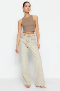 TRENDYOLMİLLA Beige Soluk Efekt Vintage Regular Waist Wide Leg Wide Leg 100% Cotton Non-Stretch jeans - Image 4