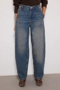 TRENDYOLMİLLA Dark Blue Soluk Efektli Vintage Low Waist skater Baggy jeans - Image 3