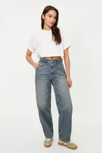 TRENDYOLMİLLA Dark Blue Soluk Efektli Vintage Low Waist skater Baggy jeans - Image 5