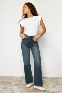 TRENDYOLMİLLA Dark Blue Soluk Efekt Vintage High Waist Wide Leg Wide Leg 100% Cotton jeans