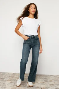 TRENDYOLMİLLA Dark Blue Soluk Efekt Vintage High Waist Wide Leg Wide Leg 100% Cotton jeans - Image 2
