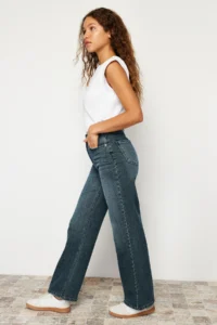 TRENDYOLMİLLA Dark Blue Soluk Efekt Vintage High Waist Wide Leg Wide Leg 100% Cotton jeans - Image 3
