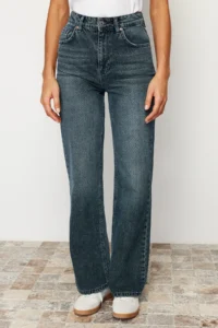 TRENDYOLMİLLA Dark Blue Soluk Efekt Vintage High Waist Wide Leg Wide Leg 100% Cotton jeans - Image 5