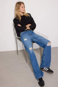 TRENDYOLMİLLA Mavi Ripped High Waist Wide Leg Wide Leg 100% Cotton Non-Stretch jeans