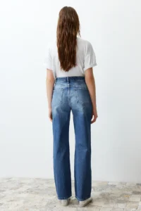 TRENDYOLMİLLA Mavi Ripped High Waist Wide Leg Wide Leg 100% Cotton Non-Stretch jeans - Image 10
