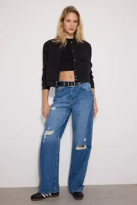 TRENDYOLMİLLA Mavi Ripped High Waist Wide Leg Wide Leg 100% Cotton Non-Stretch jeans - Image 2