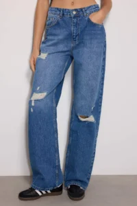 TRENDYOLMİLLA Mavi Ripped High Waist Wide Leg Wide Leg 100% Cotton Non-Stretch jeans - Image 3