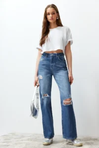 TRENDYOLMİLLA Mavi Ripped High Waist Wide Leg Wide Leg 100% Cotton Non-Stretch jeans - Image 5