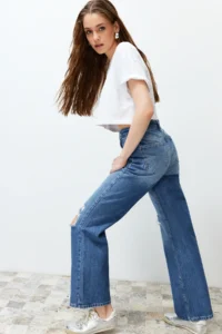 TRENDYOLMİLLA Mavi Ripped High Waist Wide Leg Wide Leg 100% Cotton Non-Stretch jeans - Image 7