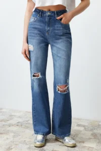 TRENDYOLMİLLA Mavi Ripped High Waist Wide Leg Wide Leg 100% Cotton Non-Stretch jeans - Image 9