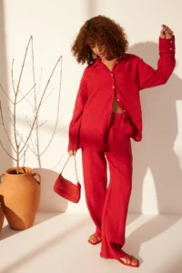 TRENDYOLMİLLA Rejection 100% Linen Pocket Detail High Waist Wide Leg Pants