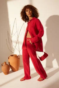 TRENDYOLMİLLA Rejection 100% Linen Pocket Detail High Waist Wide Leg Pants - Image 2