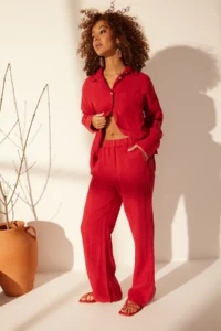 TRENDYOLMİLLA Rejection 100% Linen Pocket Detail High Waist Wide Leg Pants - Image 3