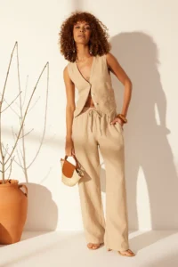 TRENDYOLMİLLA Beige 100% Linen Elastic Waist High Waist Wide Leg Pants