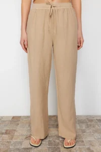 TRENDYOLMİLLA Beige 100% Linen Elastic Waist High Waist Wide Leg Pants - Image 10