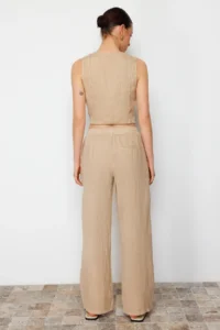 TRENDYOLMİLLA Beige 100% Linen Elastic Waist High Waist Wide Leg Pants - Image 12
