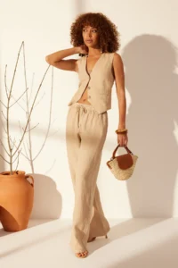 TRENDYOLMİLLA Beige 100% Linen Elastic Waist High Waist Wide Leg Pants - Image 2
