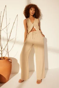 TRENDYOLMİLLA Beige 100% Linen Elastic Waist High Waist Wide Leg Pants - Image 3