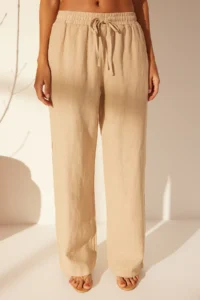 TRENDYOLMİLLA Beige 100% Linen Elastic Waist High Waist Wide Leg Pants - Image 4