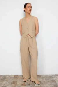 TRENDYOLMİLLA Beige 100% Linen Elastic Waist High Waist Wide Leg Pants - Image 7