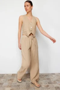 TRENDYOLMİLLA Beige 100% Linen Elastic Waist High Waist Wide Leg Pants - Image 8