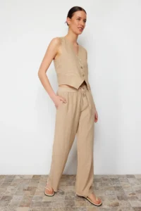 TRENDYOLMİLLA Beige 100% Linen Elastic Waist High Waist Wide Leg Pants - Image 9