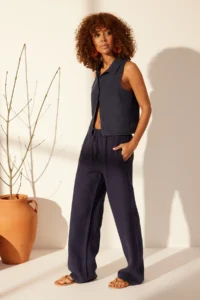 TRENDYOLMİLLA Navy Blue 100% Linen Elastic Waist High Waist Wide Leg Pants - Image 3