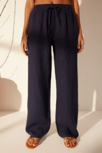 TRENDYOLMİLLA Navy Blue 100% Linen Elastic Waist High Waist Wide Leg Pants - Image 4